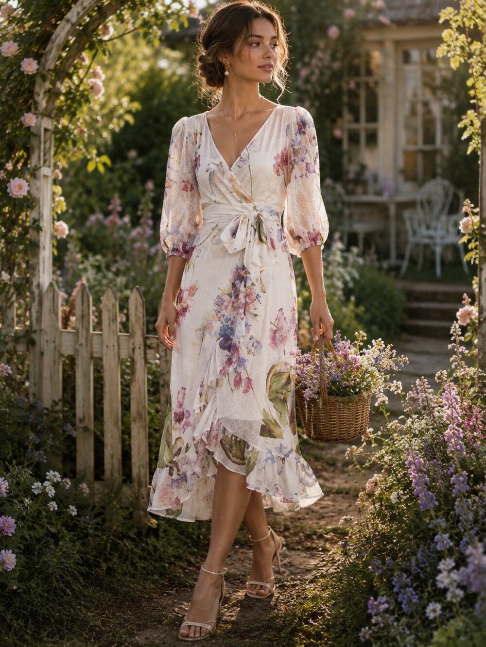 Ganni Tilden Floral Mesh Wrap Midi Dress Cottagecore Romantic Whimsy Size 36